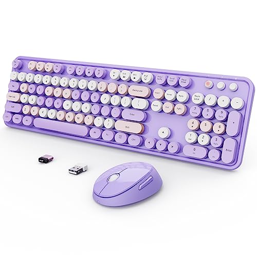 SkyGive Wireless Keyboard and Mouse Combo, Ergonomic Full Size Typewriter Retro Round Keycaps Keyboard, Compatible with Windows, PC, Perfer for Home and Office Keyboards (Purple
