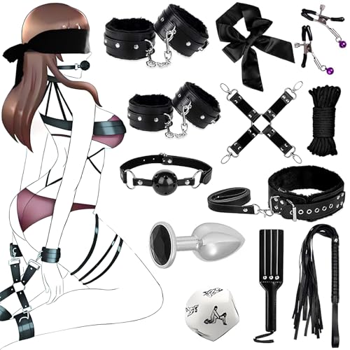 12 Teilig BDSM Bondage Set Fesselset Bett Fesseln SM Sex Spielzeug Analplug Handschellen Augenbinde Nippelklemmen Ballknebel Federkitzler Peitsche Paddel Baumwollseil Sexspielzeug für Frauen Männer