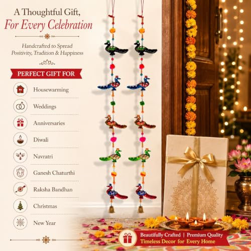Image of Bindian Handcrafted Rajasthani Wind Chime with Bells, Multicolour, 72x23 cm, Traditional Wall Hanging for Home, Garden & Balcony (Peacock Pack of 2)