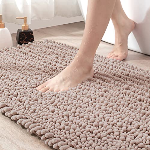 DEXI Bath Mat 40 x 60 cm, Non slip Bathroom Mat, Absorbent and Soft Chenille Bathroom Rug, Machine Washable, Comfortable Floor Mat for Bathtub Toilet Shower Room, Beige