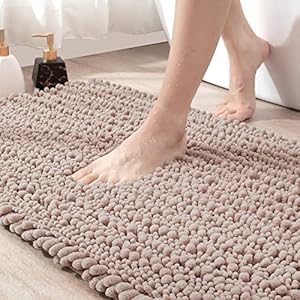 DEXI Bath Mat 40 x 60 cm, Non slip Bathroom Mat, Absorbent and Soft Chenille Bathroom Rug, Machine Washable, Comfortable Floor Mat for Bathtub Toilet Shower Room, Beige
