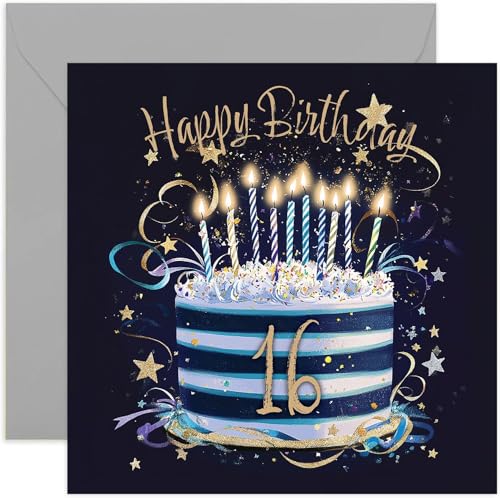 Special 16th Birthday Card for Him - Sixteen Years Old Birthday Greeting Cards for Him - Navy Blue and Gold Birthday Cake Artwork Birthday Cards for Men - Stylish and Traditional Male Birthday Cards