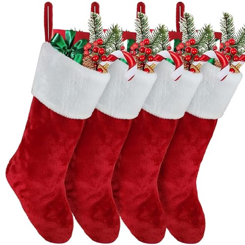 Hileyu Christmas Stocking Set of 4,Plush Xmas Stockings,Personalised Christmas Stockings,Velvet Effect Stockings Christmas,Hanging Sock Candy Gift Bags for Family Christmas Holiday Decoration