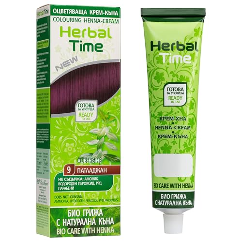 Herbal Time Henna Natural Color Aubergine Nº 9 | Coloring Cream With Nettle Extract | Gray Hair Cover | Temporary Dye | Ammonia, Sulfates, Parabens Free | 75 ml