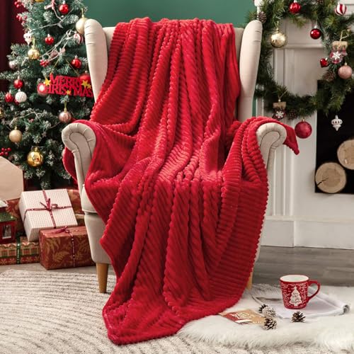 MIULEE Christmas Red Throw Blanket 3D Ribbed Jacquard Fleece Flannel