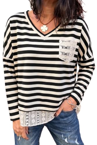 LOLONG Womens Tops Striped Long Sleeve V Neck Crochet Hem Loose Fit Blouse