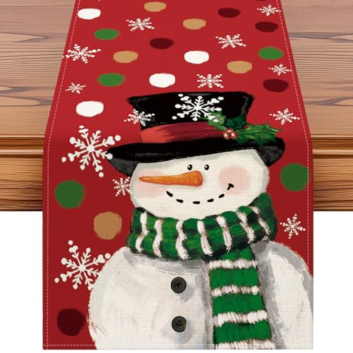 OTOSTAR Snowman Snowflake Christmas Table Runner, Xmas Seasonal Winter Holiday Kitchen Dining Table Decoration for Home Party Decor 13x90 Inch (Red)