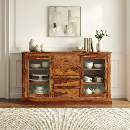 Image of SONA ART & CRAFTS Solid Sheesham Wood Sideboard Cabinet Storage Organizer with 4 Drawer & 2 Glass Door Crockery Cabinet for Home Kitchen Living Room & Bedroom Shelves Cabinets Hallway (Honey Finish)