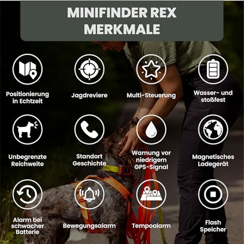 MiniFinder Rex Hundetracker – Intelligentes, wasserdichtes Hundehalsband mit LED-Licht, Bellanzeige, App & Echtzeit-Ortung – Robuster GPS-Tracker für Jagdhunde mit weltweiter Reichweite