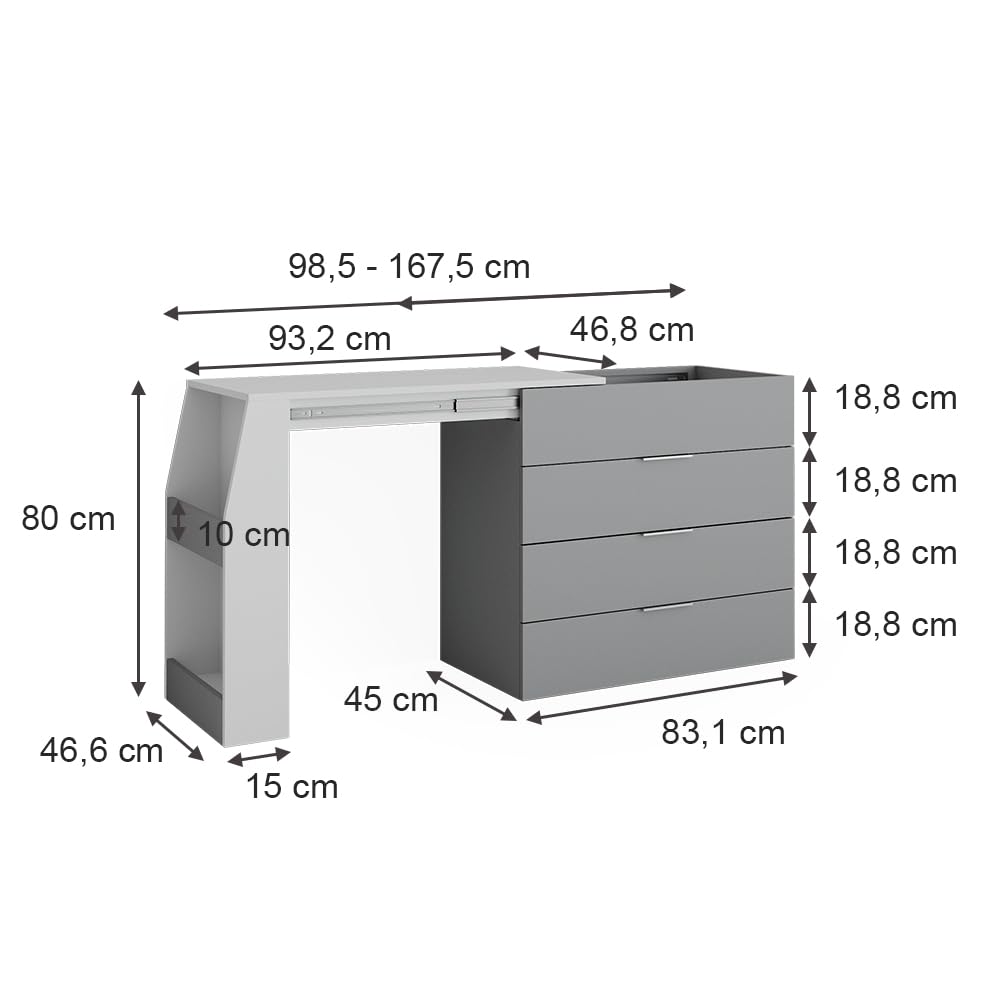 Vicco Mesa de Manualidades IVA, Gris, 98.5-167.5 x 80 x 47 cm | desplegable, 4 cajones, extensible para ampliar la superficie de trabajo