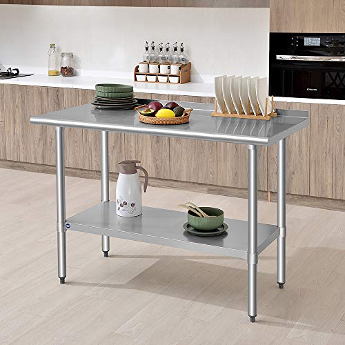 Image of ROCKPOINT Stainless Steel Table for Prep & Work with Backsplash 24x48 Inches, NSF Metal Commercial Kitchen Heavy Duty Table with Adjustable Under Shelf and Table Foot for Restaurant, Home and Hotel