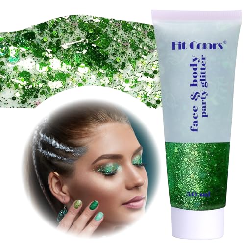 50ML Gel con Purpurina para el Cuerpo, Body Glitter Gel, Sombra de Ojos Liquida Brillante, Gel en polvo para Festivales, Lentejuelas de Sirena, Uñas, Cosméticos, Mascaradas (Verde)