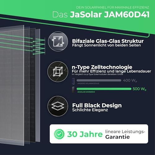 Bild 4 - Solarway Solarmodul 500W JA-Solar - PV Modul - Solarpanel 500W Bifazial Full Black N-Type, Modell JAM60D41 für Balkonkraftwerk oder PV Anlage