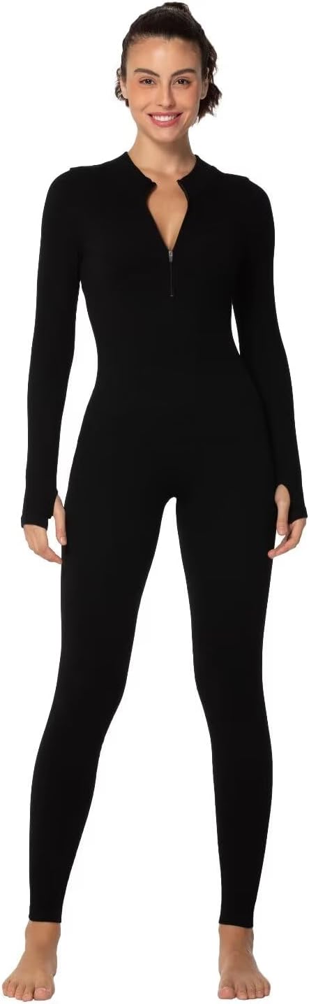 Long Sleeve Jumpsuits for Women, Ribbed One Piece Casual Yoga Workout Zip Front Bodycon, Legging Fit & Thumbhole