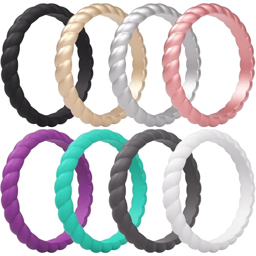 ThunderFit Womens Silicone Wedding Bands, Swivel Design, Thin and Stackable Rubber Engagement Rings 2.6mm Wide 2.1mm Thick - 1/4/8 Variety Multipack
