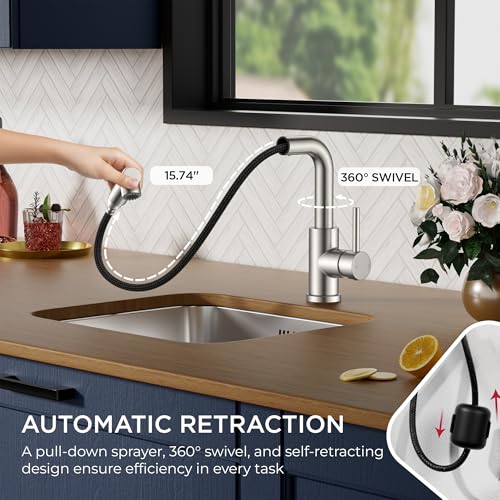 FORIOUS Bar Sink Faucet, Stainless Steel Single Handle Bar Faucet with Pull Out Sprayer, Small Kitchen Sink Faucet 360° Swivel Spout L-Shaped Design, for RV Laundry Camper Small Kitchen,Brushed Nickel by FORIOUS - Image 3