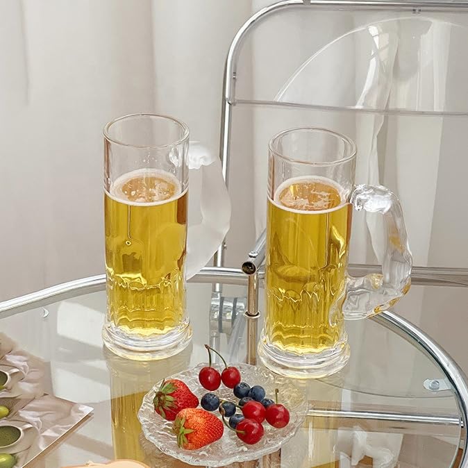 Avastro Italian Premium Muscleman Beer Mugs - 600 ML Clear Glass with Unique Muscle Handle Shape - Jumbo Size Drinking Mug Pack of 2 2