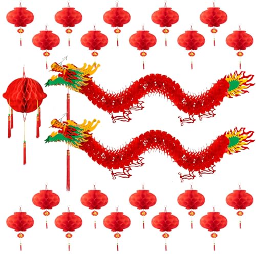 23Pcs Chinese New Year Decorations 2026 with 2 3D Dragon Decorations and 1 Red Ball and 20 Chinese New Year Plastic Lanterns for Chinese Spring Festival Party Decorations