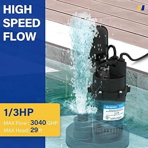 Acquaer 1/3Hp Sump Pump, 3040Gph Submersible Clean/Dirty Water Pump With Automatic Float Switch And 10Ft Power Cord Sub Pump For Basement, Pool, Pond, Drain, Flooded Cellar, Aquarium And Irrigation #TOP4