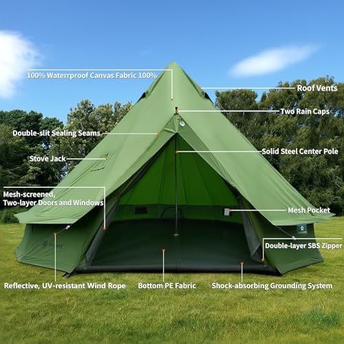 Canvas Bell Yurt Tent with Stove Jack, Waterproof Luxury 4 Season Tents for Family Outdoor Camping 100% Cotton Green Glamping Tents for Hunting, Partie, All Year Living (3M- 97 sq. ft yurt) - Image 4