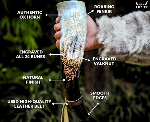 NORSE EMPIRE Viking Rustic Blowing Horn Set with Wooden Stand & Whistle Authentic Tribal-Style Decor & Instrument Battle Trumpet Crafted from Authentic Premium Ox Horn… - Thumbnail 6