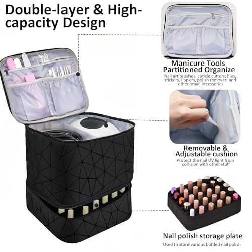 Double Layer Travel Nail Organiser, Makeup Bag Vanity Carrying Case for 30 Bottles, Black, 1 unità (Confezione da 1) - Image 4