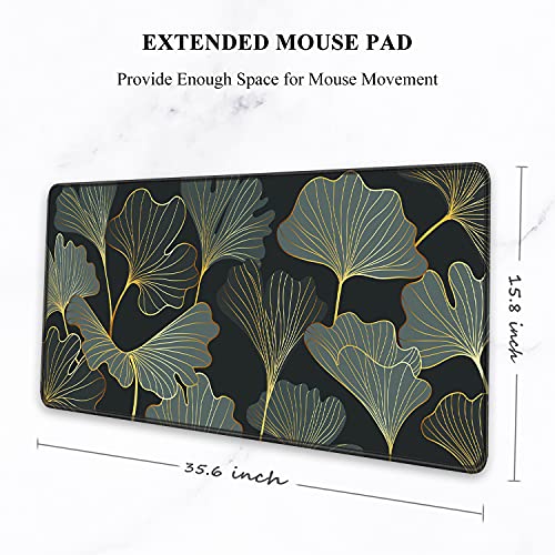 Image of Auhoahsil Extended Mouse Pad, XXL Gaming Mouse Pads, Large Big Mousepad Laptop Computer Keyboard Mat Desk Pad with Non-Slip Base Stitched Edge for Gaming Office, 31.5 x 15.7 inch, Gold Line Leaves
