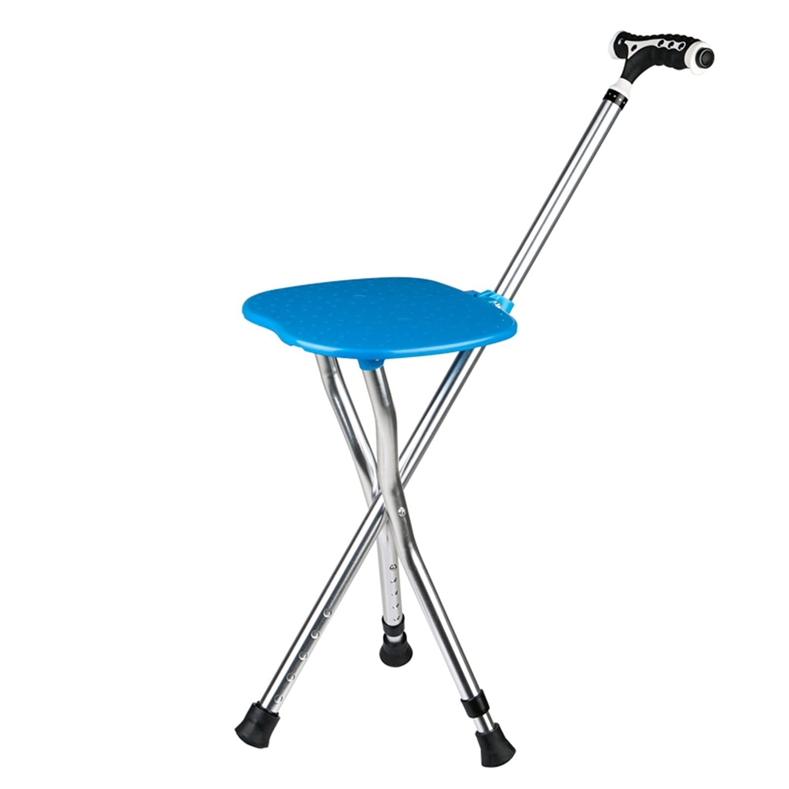 Asiento de bastón plegable, silla de caña de aluminio ajustable de altura con luz LED, taburete de muleta para ancianos, personas mayores y discapacitados, mango de masaje y base antideslizante, azul