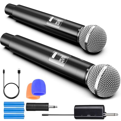 RUOVXWU Microphone Wireless Microphones for Adults Portable Rechargeable Dual Handheld Cordless Metal Singing Microphone for 2 People for Singing,Speech, Church, Party, Home KTV, DJ,Wedding