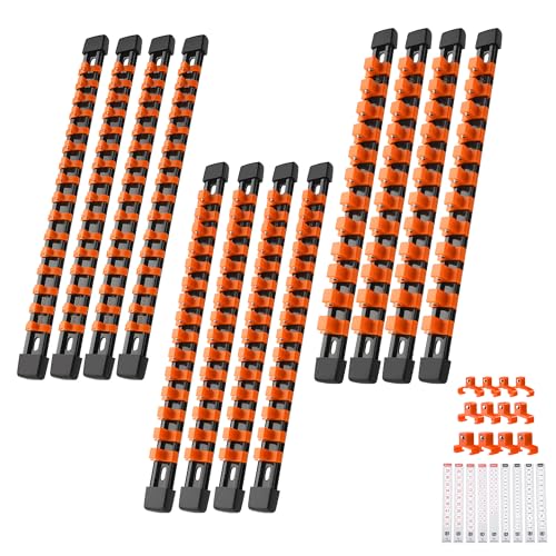 Image of Reniteco 12-Pack Socket Organizer Set, 1 /4 inch x 64 3 /8 inch x 60 1 /2 inch x 48 Clips | 172 Clip Capacity, Havy-Duty ABS Socket Rails, Removable Clips, Drive Socket Storage, Toolbox Drawer or Wall Mount