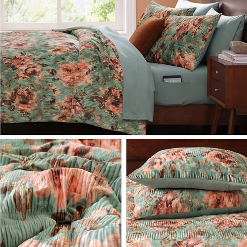 CASAAGUSTO Full Comforter Set, 7 PCS Sage & Red Floral Comforter Set with Flowers Leaves Pattern, Soft Velvet Design for Winter Full Size Bedding Set(80"X90")