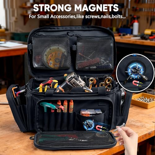 Image of Heavy Duty Tool Bag Organizer with Strong Magnets & Detachable Pouches, Tactical Tool Tote for Men, Multiple Pockets, Anti-Friction Bottom Utility Tool's Bag for Electrician,Mechanic