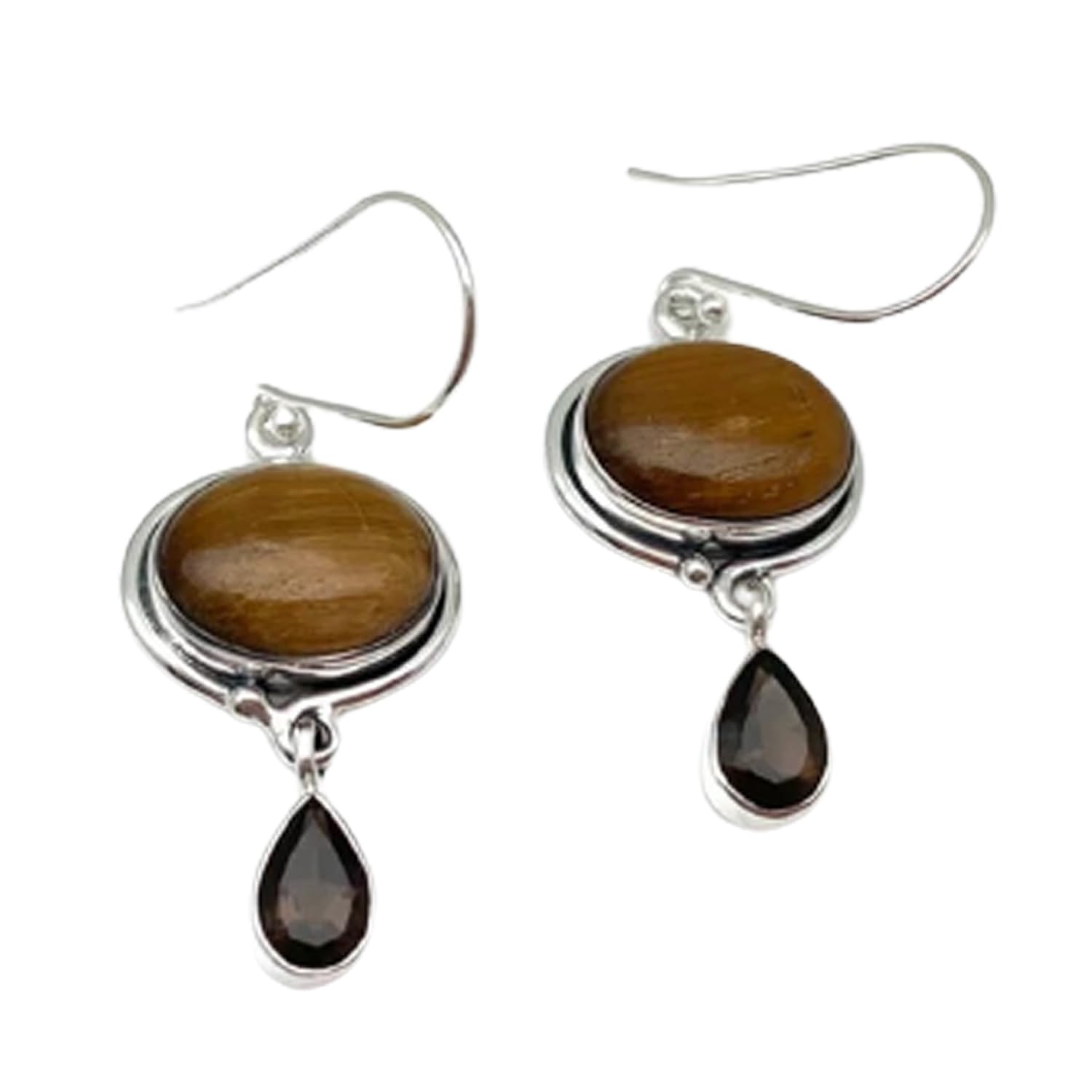 Pendientes colgantes de lágrima de plata de ley 925 maciza para mujer, pendientes hechos a mano únicos de piedras preciosas múltiples de cuarzo ahumado y ojo de tigre natural
