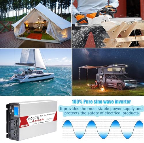 Falownik sinusoidalny 4000 W do 8000 W, 12 V-60 V DC na 110 V/220 V AC, wyświetlacz LCD, idealny do samochodów, kamperów, łodzi, biwakowania, rozwiązań zasilania off-grid