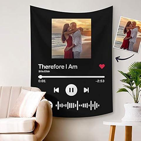VEELU Custom Tapestry for Bedroom Scannable Spotify Code Photo Black Tapestry Wall Hanging Personalized Vertical Wall Art Decor for Living Room Dorm Gift for Men Women Family 35x60inch Cover