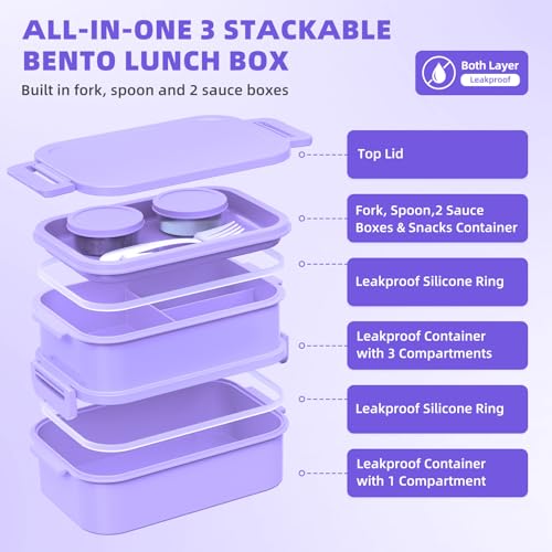 Adults Lunchbox Bento Box with Lunch Bag for Women-74 OZ All-in-One Stackable Lunch Box for Adults Kids Leakproof Bento Large Lunch Box Containers with Fork Spoon Sauce Box for Work School (Purple) - image 2