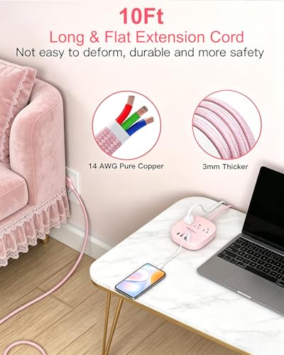 Image of Cruise Ship Travel Essentials, 22.5W /4.5A Flat Plug Power Strip, 10Ft Long Extension Cord, 3 Outlets 4 USB Ports (2 USB C) Cruise Approved Power Strip No Surge Protection, USB Charging Station, Pink