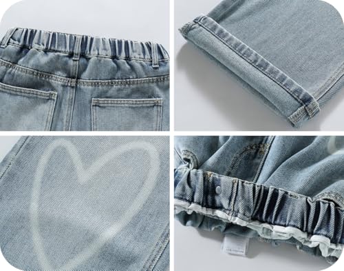 NABER Kids Girls' Casual Elastic Waist Denim Pants Heart Pattern Fashion Wide Leg Jeans Age 5-15 Years4