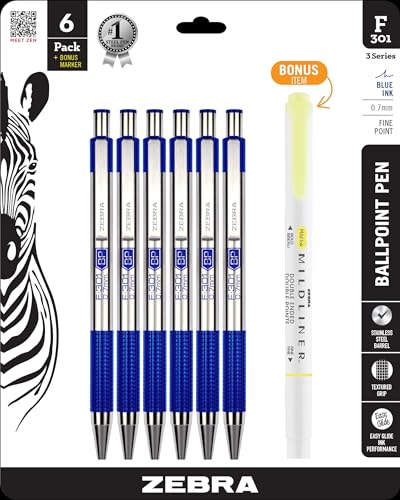 Zebra Pen F-301 Retractable Ballpoint Pen, Stainless Steel Shank, Fine Point, Blue Ink, Plus Yellow Mildliner Highlighter, Chisel Tip, Pack of 6: 27193