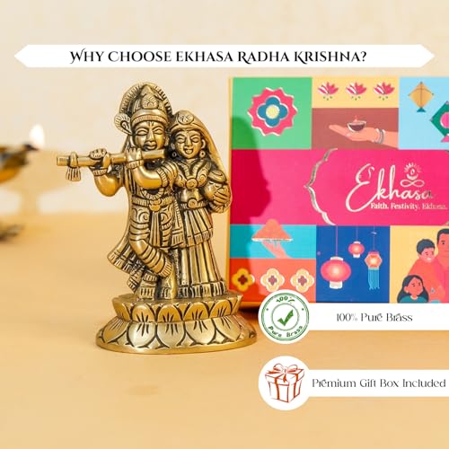 Image of Ekhasa 100% Pure Brass Radha Krishna Idol with Gift Box | Shree Radha Krishna Decorative Brass Statue for Home Decor | Religious Housewarming Grah Pravesh Wedding Gift for Couple