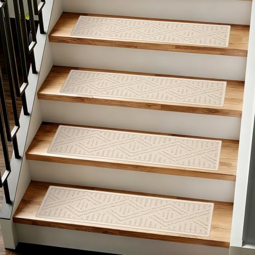 SALLOUS Soft Carpet Stair Treads for Wooden Steps, 15 Pack 8"x30" Non Slip Washable Stair Runners for Indoor Stairs, Quiet & Comfortable Peel and Stick Stair Mats for Kids, Dogs & Elderly (White)