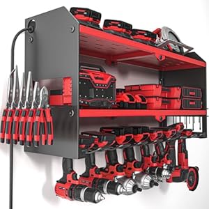 YYR Power Tool Organizer with Charging Station Wall Mount, Cordless Drill and Battery Holder for Garage Organization, Electric Tools Storage Rack Build in Surge Protection Power Strip – Red Shelf