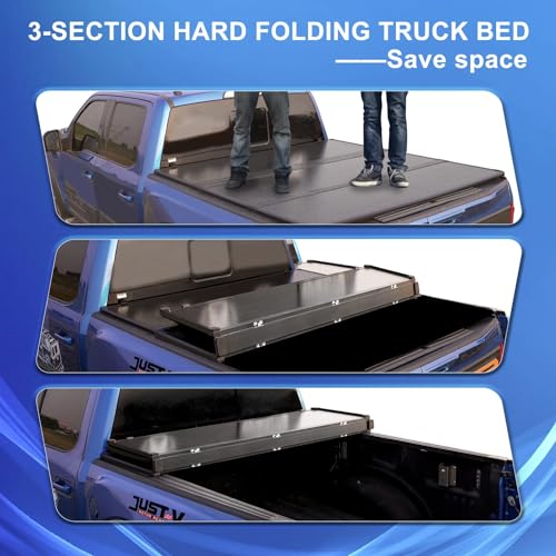 Image of Just-V Hard Tri-Fold Truck Bed Tonneau Cover for Chevy Silverado 1500 2500HD 3500HD, for GMC Sierra 2014-2018 Only Fit Crew Cab 5.8 FT Bed, Upgrade Solid FRP Textured Black