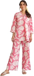 JISORA Women's Pure Cotton Pink Printed Co Ords Set Price In India
