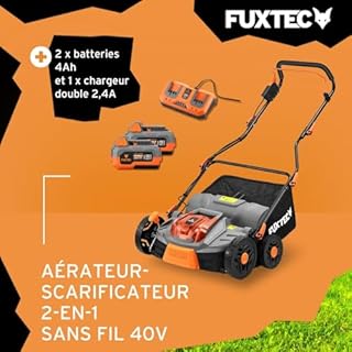 FUXTEC Aérateur à batterie 40 V FX-E2VE38SET - 2 en 1 Aérateur et Scarificateur, Largeur 38 cm, Panier 45 L, 2 piles incluses