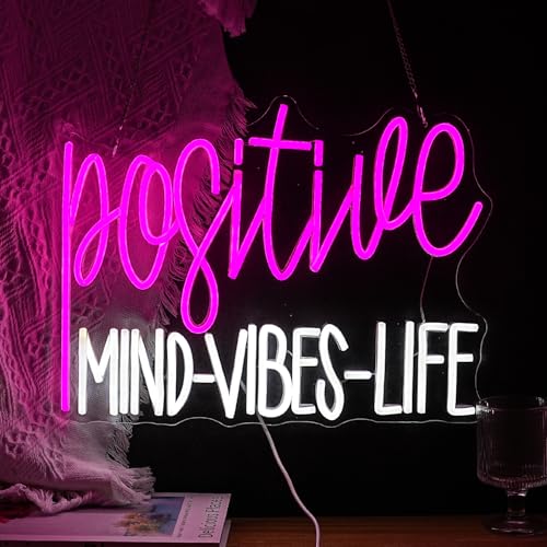Image of Positive Mind Vibes Life Neon Sign Pink White LED Neon Light for Wall Decor Dimmable Positive Light Up Sign for Classroon Office Girls Living Room Home Bar Club Salon (16.5''*12.6'')