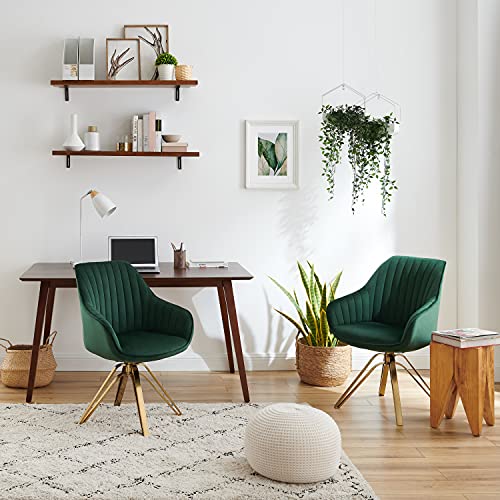 Volans Swivel Accent Chair, Mid Century Modern Desk Chair No Wheels, Upholstered Swivel Office Chair With Hollow Brushed Gold Plated Legs Office Chair For Living Room, Dining Room, Green Black #TOP5