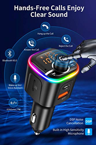 Bluetooth Fm Transmitter For Car, Wireless Bluetooth 5.0 Car Adapter, Wireless Radio Stereo Receiver, Hand-Free Call/ Mp3 Music Player/ 8 Led Colors Backlit/ Usb Port/ Tf Card/ U Disk #TOP3