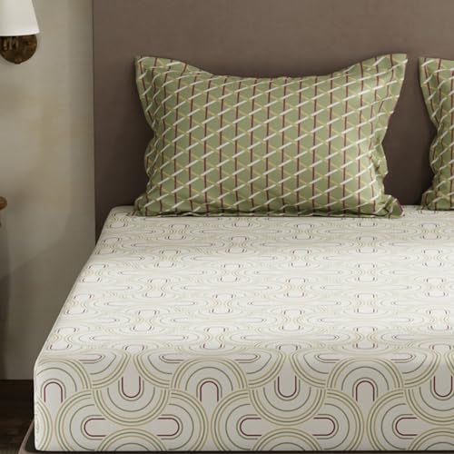 Image of Layers 100% Cotton King Size Bedsheet Set | White & Green Geometric Print | 120 TC Forever Collection | Soft & Breathable | Washable Bedsheet with 2 Pillow Covers | All Season
