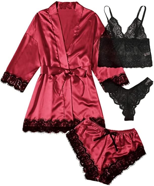 Womens Silk Pajamas Robes Set 4PACKS Sexy Pjs Cami Shorts Satin Sleepwear Lace Loungewear (US, Alpha, Small, Regular, Regular, Wine Red)